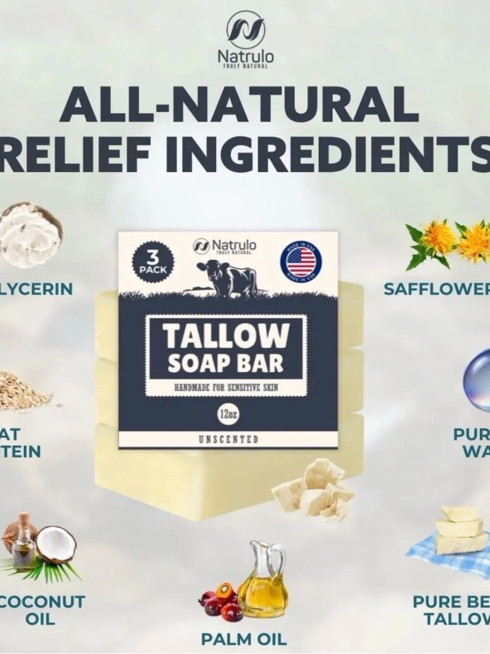 3Pk Beef Tallow All Natural Grass Fed Unscented Moisturizing Soap Bars